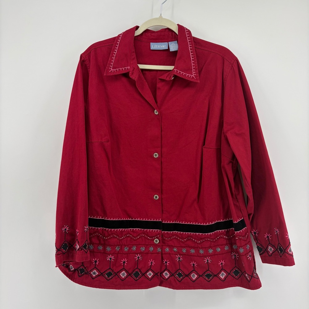Liz & Me Womens 1X Red Button Up Shirt Embroidered Boho Cotton Long Sleeve Top - Picture 1 of 6
